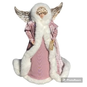 Tree Topper Angel Blonde Fair Skin Blue Eyes Pink White Faux Fur